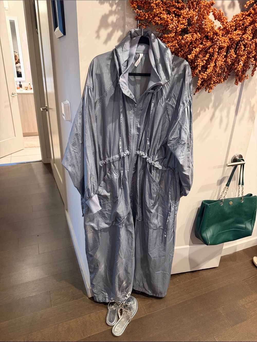 Light Grey Women's Long Hooded Raincoat